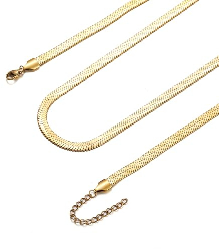 AFSTALR Schlangenkette Halskette Damen Edelstahl Kette Gold 5mm Breite Flache Fischgrätenkette Choker Necklace Wasserfester Schmuck für Mädchen Frauen 41cm
