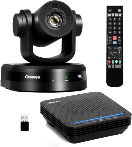 Chameye 4K Conference Room Camera and Microphone, 10x Optical Zoom with AI Tracking PoE PTZ Camera & Bluetooth Microphone Bundle, for Zoom/Teams/Webex Meetings,CB101