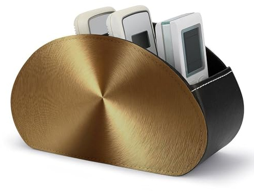 Jubonexis Support minimaliste abstrait concentrique en métal doré pour télécommandes avec 5 compartiments en cuir pour télécommande TV, organiseur de bureau