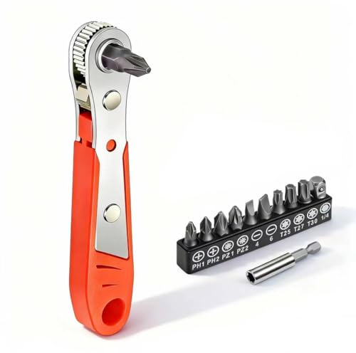 Mini Ratchet Screwdriver Set 1/4 Right Angle Wrench with 10 Bits (Red) | 36-Tooth Reversible Mechanism, Chrome Alloy Steel, Magnetic Holder, Extension Bar, DIY & Home Repairs
