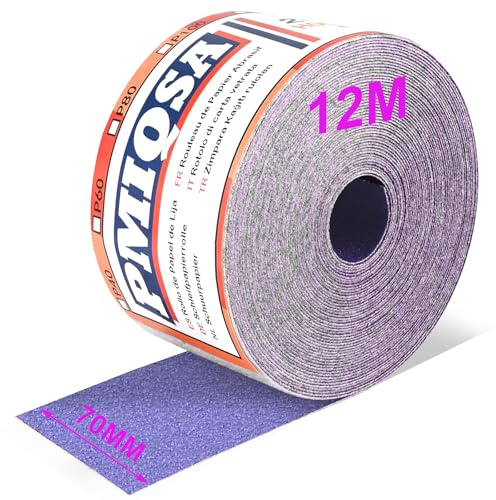 PMIQSA 12m Sandpaper Roll 60 Grit Hook and Loop Sanding Paper | Paper for Sanding Wood Paint Plaster Filler Metal and More 70mm Wide Sandpaper Compatible with Machine Sanders & Hand Sanders