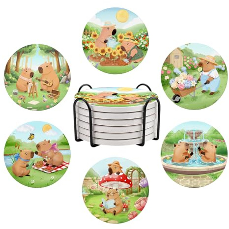6 Pcs Capybaras Ceramic Coaster with Holder, Cute Capybara Absorbent Drink Coasters for Drinking, Round Non-Slip Drink Coffee Bar Mug Cup Decoration Gifts