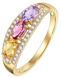 Mesnt 14K Yellow Gold Ring for Women with 0.7cttw Oval Tourmaline, Citrine, Amethyst and Diamond, Size L 1/2