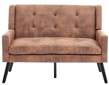 Koaris Kleines Zweisitzer Sofa im Mittelalter-Retro-Stil mit Button Tufting, hoher Rückenlehne und Massivholzbeinen, Wildlederstoff in Braun für Wohnzimmer und Büro
