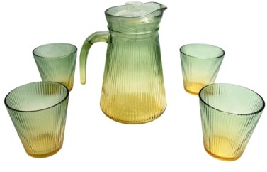Eldo Caraffa + 4 bicchieri verdi in vetro – elegante e elegante brocca da 1,2 l con bicchieri da 255 ml – caraffa in vetro perfetta per bevande estive come tè freddo e succhi di frutta – in giardino