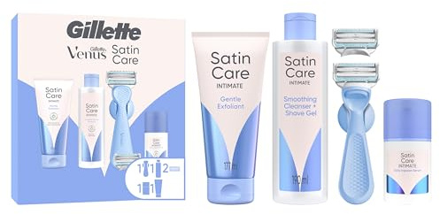 Gillette Venus für den Intimbereich Rasierapparat mit 2 Klingen + Satin Care Intimpflege Produkte + Duschhänger