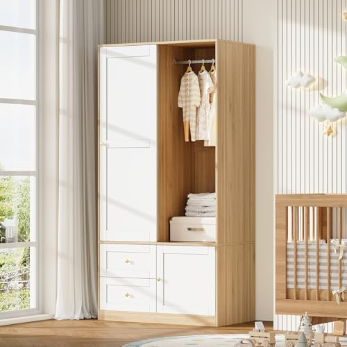TIZZ Armario con puertas correderas, armario multifunción con barra y cajones, color blanco y madera, 90 × 50 × 180 cm, natural+blanco