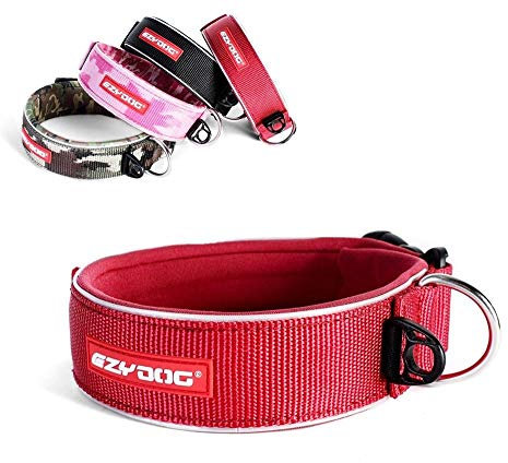 EzyDog Halsband Hund Breit, Breites Hundehalsband für Große Hunde - Neo Wide - Neopren Gepolstert, Reflektierend, Wasserfest (L, Rot)