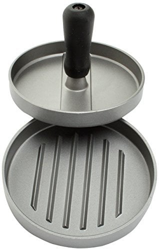 LANDMANN Selection Burgerpresse | Mit Kunststoffgriff und Antihaftbeschichtung | Geriffelte Oberfläche für kürzere Garzeiten | Inklusive Anleitung und Rezept | 12 cm Durchmesser [Aus Aluminiumguss], Silber/Schwarz