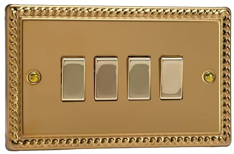 Varilight Quad 2-Way Rocker Light Switch - Classic Georgian Brass With Polished Brass Rockers, XG9D