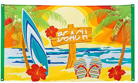 Boland 52466 - Fahne Strand, Größe 90 x 150 cm, Polyester, Beach, Beachparty, Gartenparty, Banner, Wanddekoration, Hängedekoration, Kindergeburtstag, Mottoparty, Karneval, schwarz