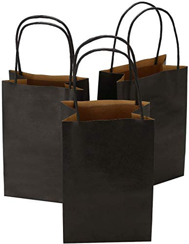 Ronvir 100 Stück Papiertüten Schwarz, 21 x 8 x 14 cm Geschenktüte Klein, Kraftpapiertüte mit Griff ür Geburtstag Party, Festival, Urlaub, Hochzeit, Weihnachten, Einkaufen, Einzelhandel
