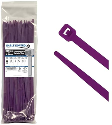 Kable Kontrol Purple Cable Ties, 360 mm x 4.8 mm, Pack of 100, 14 Premium Nylon Zip Ties, Multi-Purpose Plastic Tie Wraps, Secure Self-Locking Mechanism, for Home, Garden, Office and DIY