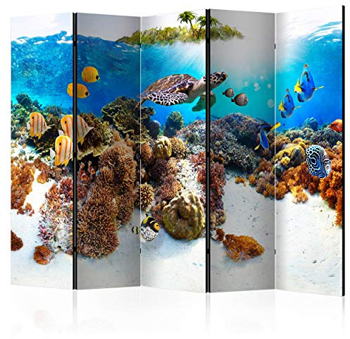 decomonkey Paravent Raumteiler Innen Korallenriff, 225x172 cm, 5-teilig | Einseitig, Meer, Fisch, Wohnzimmer, Room Divider, Wall, Raumteiler Stehend, Trennwand, Sichtschutz, Spanische Wand, Holz