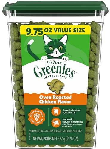 Greenies Cat Treats, Feline Veterinarian-Recommended Adult Natural Dental Cat Treats, Oven Roasted Chicken Flavor, 9.75 oz. Tub