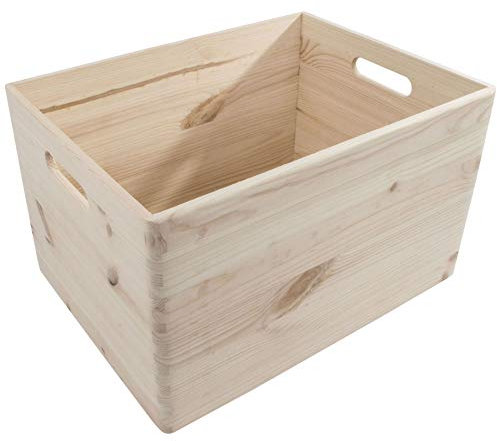 Große offene Aufbewahrungsbox aus Holz mit Griffen | 40 x 30 x 23 cm | unlackiert & unbehandelt dekorative Kiefer für Bastelarbeiten, Decoupage, ohne Deckel