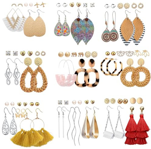 FIFATA 47 Pairs Trendy Boho Teardrop Geometric Earrings Acrylic Rattan Earrings Statement Dangle Drop Earrings Christmas Earrings for Women, Metal Acrylic Rattan, No Gemstone