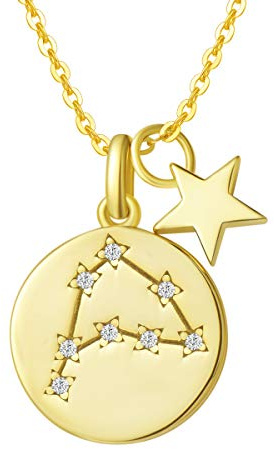 Sternzeichen Kette aus Solide 925 Sterling Silber mit Gold Vergoldet 15mm Durchmesser Anhänger Halskette Einfach Minimalistisch Geschenk Schmuck für Damen Mädchen - Verstellbar Kettenlänge: 40 + 5 cm
