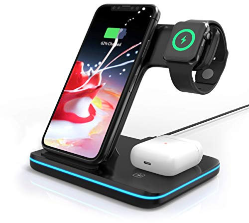 Omni Dock | 3 in 1 Wireless Charging Station, 15W QI Fast Charger Stand for Apple Watch Series 1/2/3/4/5, AirPods Pro, Compatible with iPhone 11 Series/XS MAX/XR/XS/X/8/8 Plus/Samsung (Black)