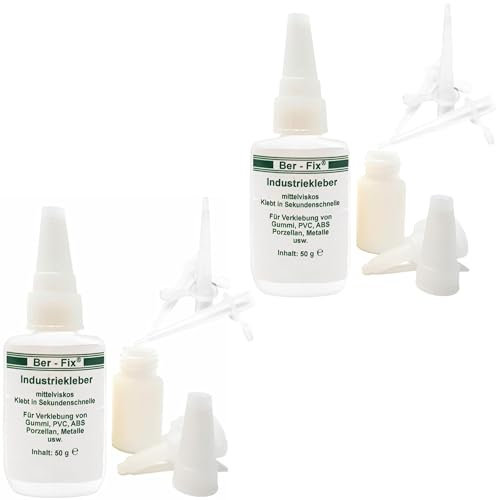 Ber-Fix 2x 50g Premium Industriekleber Mittelviskos Set Extra Stark & Vielseitig, Ideal für Präzise Anwendungen auf Kunststoff, Metall, Holz, PVC, Gummi, Leder, Keramik, inkl. 3 Feindosierspitzen
