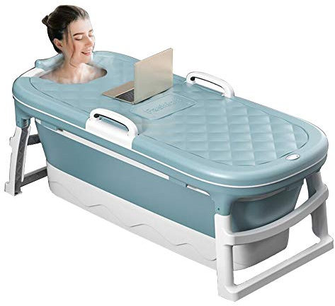 Vasca da Bagno per Adulti Portatile,Vasca da Bagno Pieghevole in Plastica Ispessita,Secchio Fumante, Casa Sauna, Vasca da Bagno per Bambini (Blu con Copertina) (115 * 62 * 52 cm)