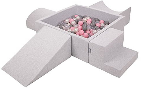 KiddyMoon Spielplatz Aus Schaumstoff Mit Quadrat Bällebad (300 Bälle) Ballgruben Für Babys Spielbad Hindernisläufen, Hergestellt In Der EU, Hellgrau:Perle/Grau/Transparent/Puderrosa