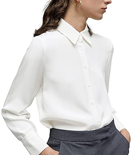 YAMANMAN Women's Button Down Shirt Classic Long Sleeve Collared Tops Work Office Chiffon Blouse White
