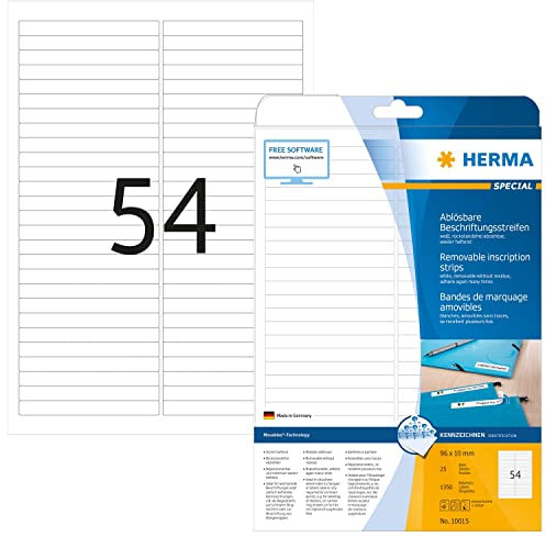 HERMA 10015 Beschriftungsstreifen ablösbar, 800 Blatt, 96 x 10 mm, 54 pro A4 Bogen, 43200 Stück, selbstklebend, bedruckbar, matt, blanko Papier Klebeetiketten Aufkleber, weiß