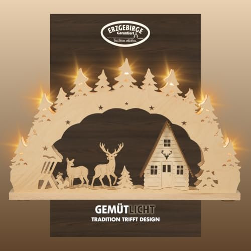 weigla - Schwibbogen original Erzgebirge I LED Lichterbogen Weihnachten I Motiv Waldhaus I 7 Lampenkerzen + 1 Ersatzlampe I 7 x 34 V, 0,2 W, E10 I beleuchtete Weihnachtsdeko