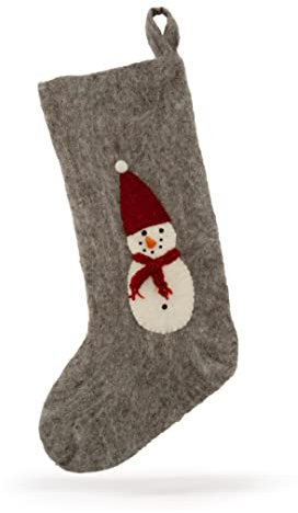 Gry & SIF handgefilzter Nikolausstrumpf aus Wolle, Nikolausstiefel zum Befüllen, Weihnachtssocken zum Aufhängen, Nikolausstrumpf grau, I Nikolaussocken zum Befüllen mit Schneemann-Motiv