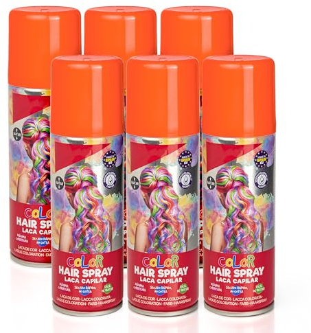 Pack 6 Laca de Pelo Color Naranja 125ml - Spray Colores para Cabello Rápida coloración, Lavable