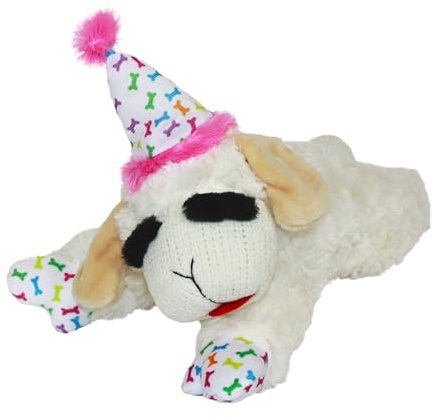 Multipet Lamb Chop Dog Toy with Birthday Hat, Pink, 10.5