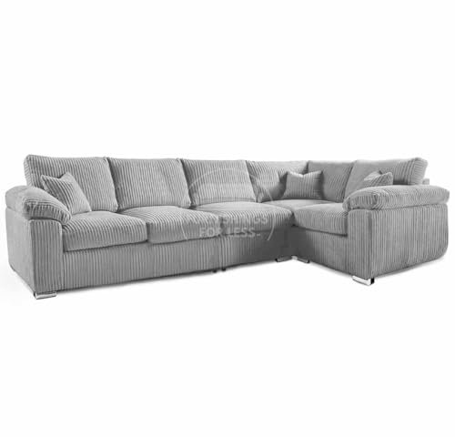 New Delta UK Made Large Long L Shape Corner Sofa Soft Jumbo Cord 5 Seater Padded Arms (Silver, Right Hand Facing 3 Corner 1)