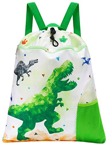 WAWSAM Kordelzug Rucksack Kinder - Turnbeutel Jungen Sportbeutel Dinosaurier String-Rucksack für Jungen Sport Schule Strand Reisen Schwimmen Sportbeutel mit Reißverschlusstasche Wasserflasche Tasche