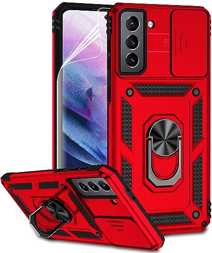 for Samsung Galaxy S21 Plus Case with Camera Lens Cover HD Screen Protector, Military-Grade Drop Tested Magnetic Ring Holder Kickstand Protective Phone Case for Samsung Galaxy S21+ Plus 5G (Red)