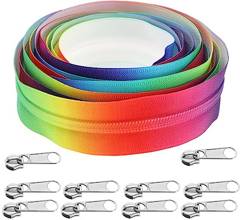 OTOTEC #5 Rainbow Zipper Tape 4 Meters Nylon Coil Endless Zippers with 10PCS Silver Zipper Pulls Slider for DIY Sewing Tailor Craft Bags Luggage