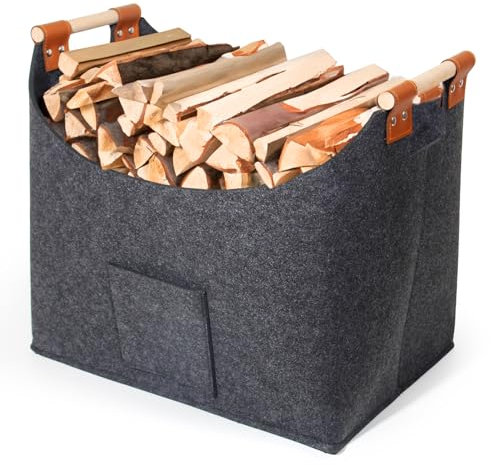 Theo&Cleo Holzkorb für Kaminholz, Kaminholzkorb Groß, Filztasche Shopper, Aufbewahrungskorb für Kaminholz, Einkaufstasche mit Extra dicker Filz (45B, Dunkelgrau)