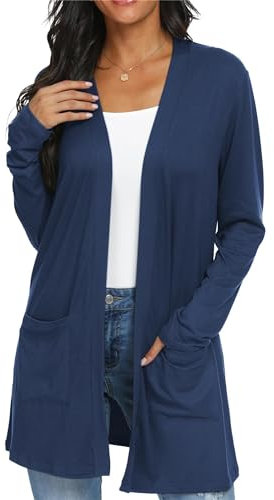 QIXING Casual Leichte Strickjacke Damen Lang Elegant Dünne Strickjacke Lange Ärmel mit Taschen Open Front Cardigan Damen Herbst (Marineblau, S)