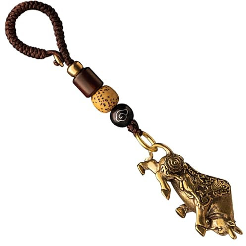 ROBAUN-keychain Porte-clés taureau de richesse Feng Shui avec corde tricotée à la main, ornement de sac de porte-clés de voiture taureau du zodiaque chinois Vintage en laiton