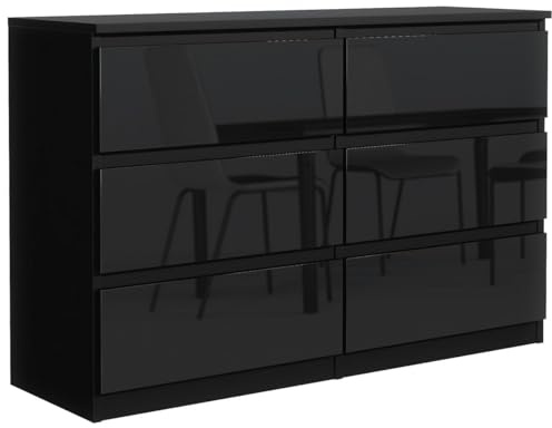 MebLocker Kommode 120 cm, 6 Schubladen, Schwarz Hochglanz-Fronten | Sideboard, Wohnzimmer Flur Schlafzimmer, Moderne Schlafzimmermöbel, Kommodenschrank 120x78,5x39 cm