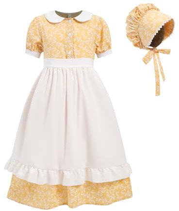 FORTMAC Vestito da pioniere da ragazza, vestito da prato coloniale a maniche corte, vestito da pellegrino anni '800, con grembiule e cappuccio, Limone, 9-10 Anni