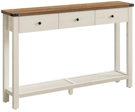 VASAGLE Console Table for Hallway, Slim Sofa Table for Living Room, Hallway Table with 3 Drawers, Open Shelf, Metal Corners, Farmhouse Style, Honey Brown and Rustic White LNT142W73