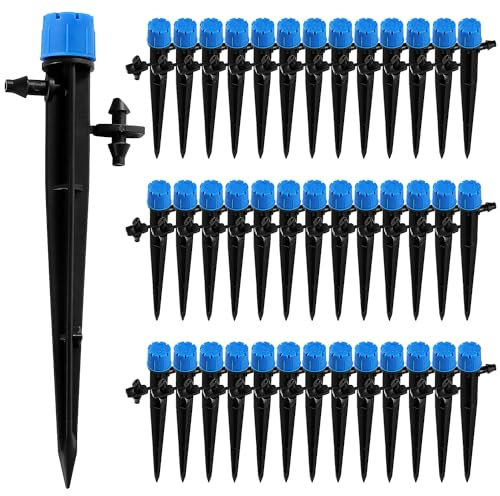 VooGenzek 40 Piezas Gotero de Riego, 360-Grado 8-Agujero Aspersore de Riego Ajustables, Cabezas de Riego para Goteo Goteros Estaca Microtubo Piqueta, para Tubo 4/7 mm, Azul (con Conectore)