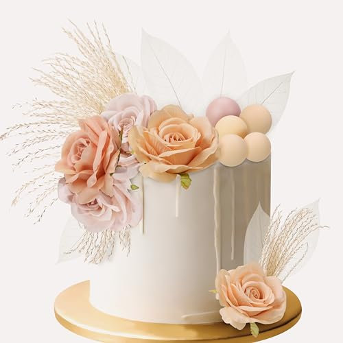Radsocken 23 PCS Boho Cake Toppers, Flower Cake Decorations with Artificial Flower Leaves, Ball Cake Toppers for DIY Birthday Party Wedding Valentine's Day