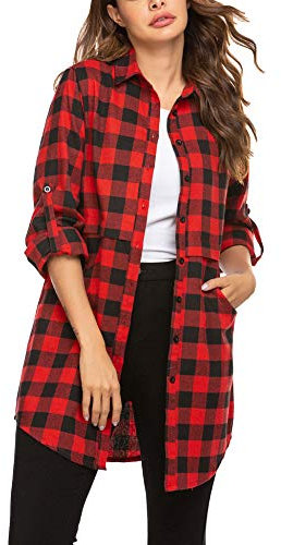 Hotouch Blouses Femme Haut à Carreaux à Manches Longues Casual Col V Chemises Décontracté Bouton Down Haut Chic et élégant Blouse Shirt Chemise Flanelle Bucheron Western Rot L