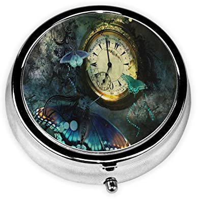 Pillendose mit Uhr-Schmetterlings-Aufdruck, rund, tragbar, Mini-Metall-Pillendose, 3 Fächer, Medikamentenbox