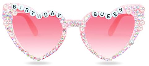 Topfunyy Geburtstagsbrille für Frauen, Geburtstagskönigin-Sonnenbrille, rosa herzförmige, glänzende Bling-Diamant-Perlen-Sonnenbrille für Frauen, Geburtstagsparty-Geschenkzubehör
