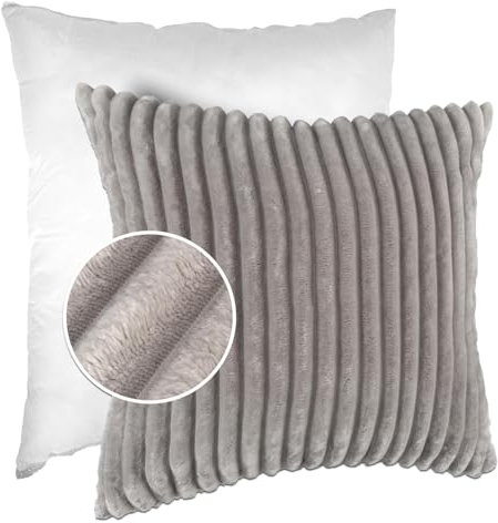 Dekokissen Kissenbezug Sofakissen Pillow Plüsch Kuschelkissen Zierkissen Cord Kissen Couchkissen Kord Kissenhülle ultraweich gestreift Lilli 50x50cm mit Füllung Hellgrau