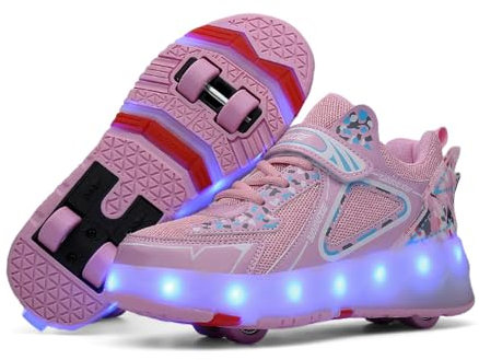 Mateju Rollschuhe für Jungen Mädchen, Kinder Turnschuhe Mit 4 Versenkbaren Rollen, Damen Herren Skateboardschuhe 35 EU Rosa