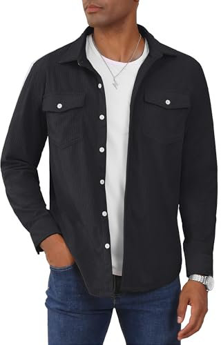 TACVASEN Corduroy Mens Shirt Casual Long Sleeve Shirt for Men Lightweight Shirts Jackets Men's Overshirts with Flap Pockets Black, M